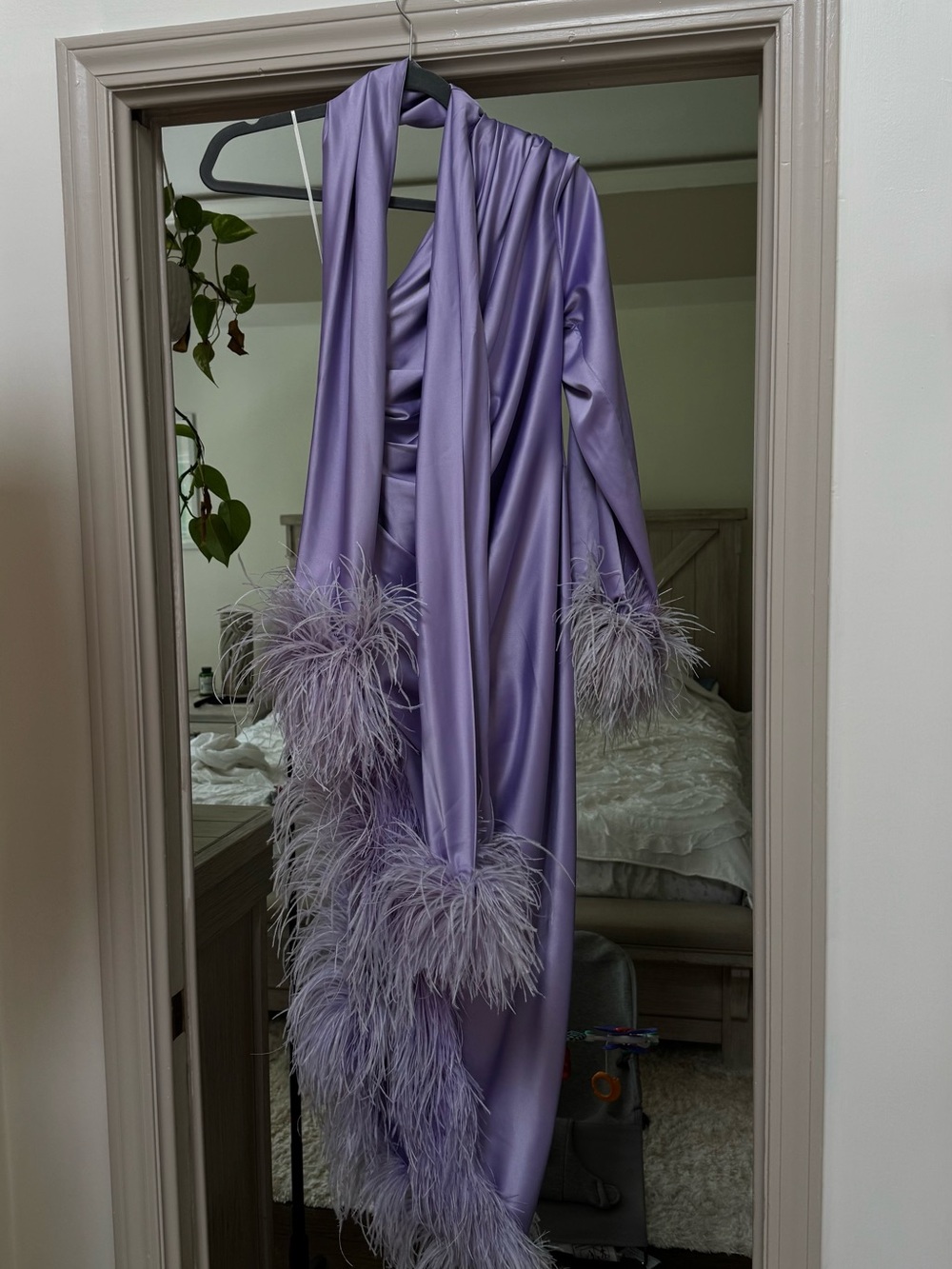 PatBo Lavender Satin One-Shoulder Feather Trim Gown - Picture 2 of 4